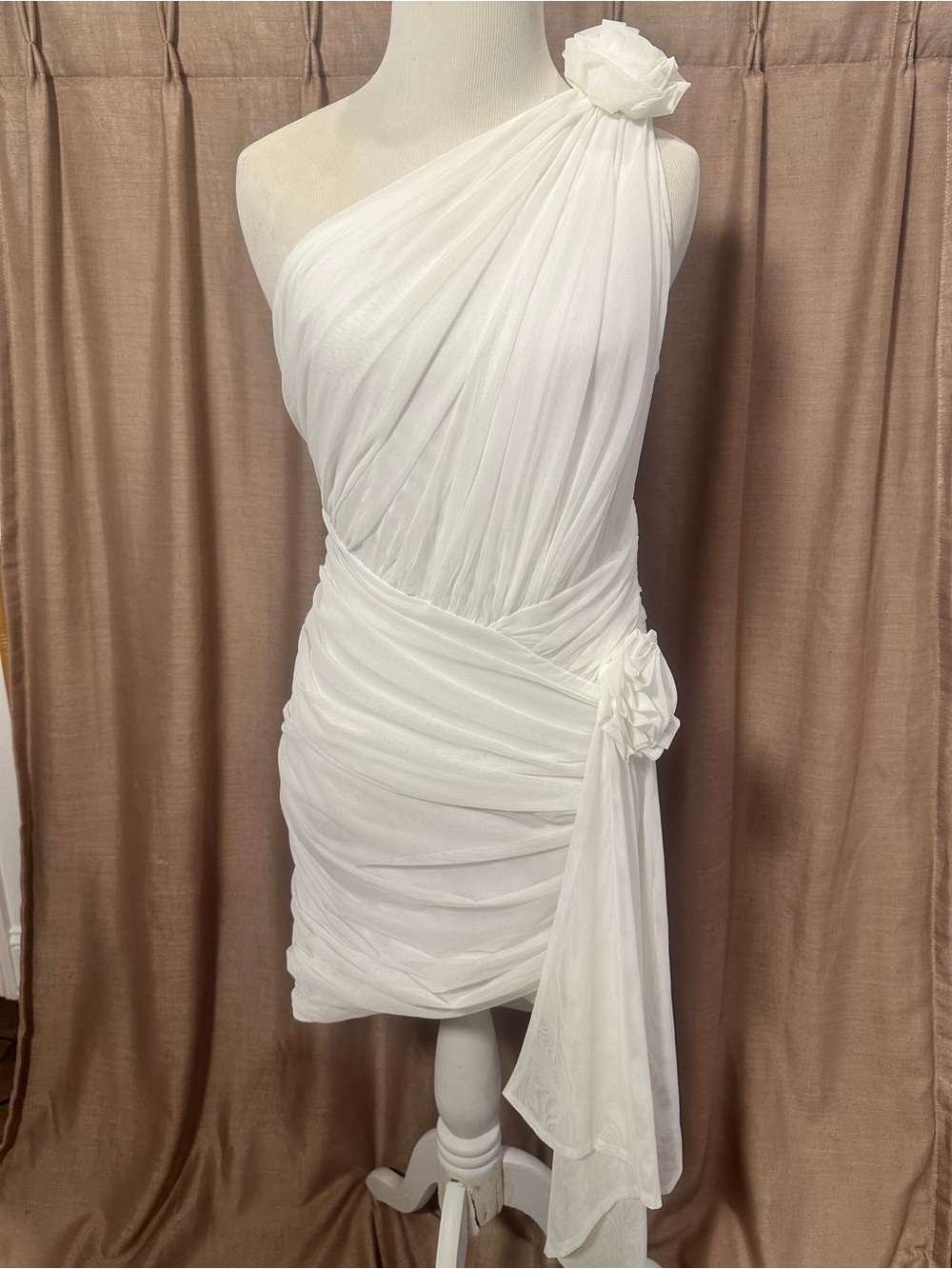 One-Shoulder White Draped Cocktail Dress with Rosette Accents